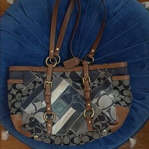 Patchwork Tote Coach Bag with Brown Accents